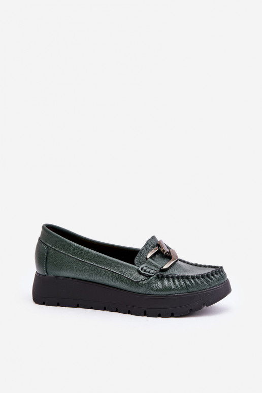 Leather Moccasins On Platform With Decoration Dark Green Zazoo 10141 Leather Moccasins On Platform With Decoration Dark Green Zazoo 10141