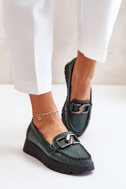 Leather Moccasins On Platform With Decoration Dark Green Zazoo 10141 Leather Moccasins On Platform With Decoration Dark Green Zazoo 10141