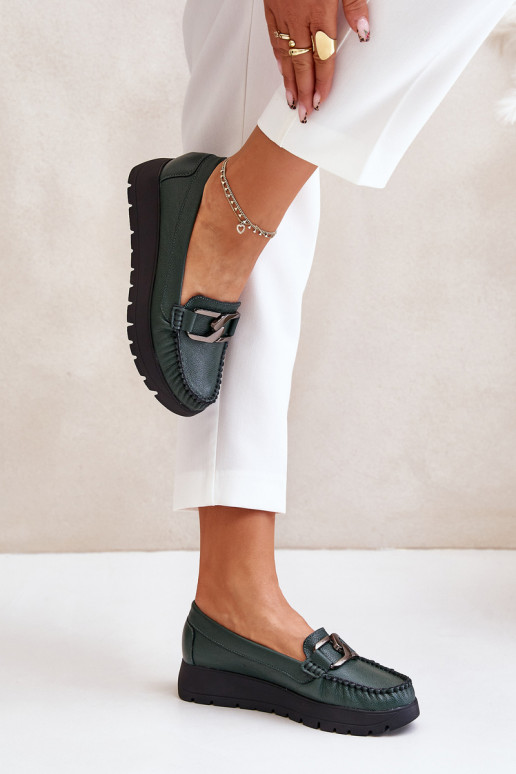 Leather Moccasins On Platform With Decoration Dark Green Zazoo 10141 Leather Moccasins On Platform With Decoration Dark Green Zazoo 10141