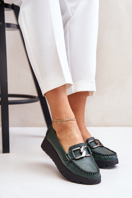 Leather Moccasins On Platform With Decoration Dark Green Zazoo 10141 Leather Moccasins On Platform With Decoration Dark Green Zazoo 10141