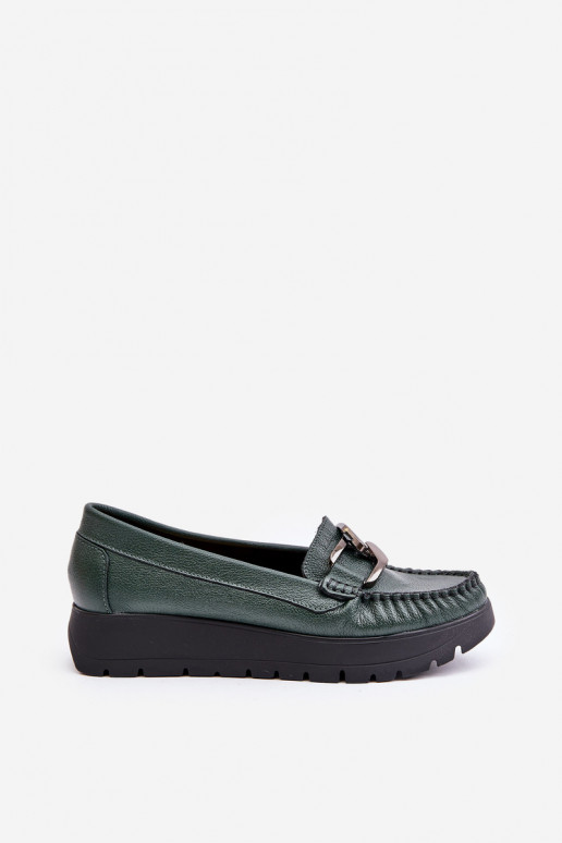 Leather Moccasins On Platform With Decoration Dark Green Zazoo 10141 Leather Moccasins On Platform With Decoration Dark Green Zazoo 10141