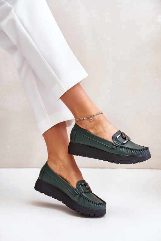 Leather Moccasins On Platform With Decoration Dark Green Zazoo 10141 Leather Moccasins On Platform With Decoration Dark Green Zazoo 10141