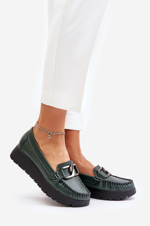 Leather Moccasins On Platform With Decoration Dark Green Zazoo 10141 Leather Moccasins On Platform With Decoration Dark Green Zazoo 10141