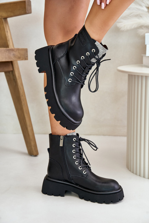 Warm Leather Ankle Boots Workers For Women With Zirconia GOE OO2N4125 Black Warm Leather Ankle Boots Workers For Women With Zirconia GOE OO2N4125 Black