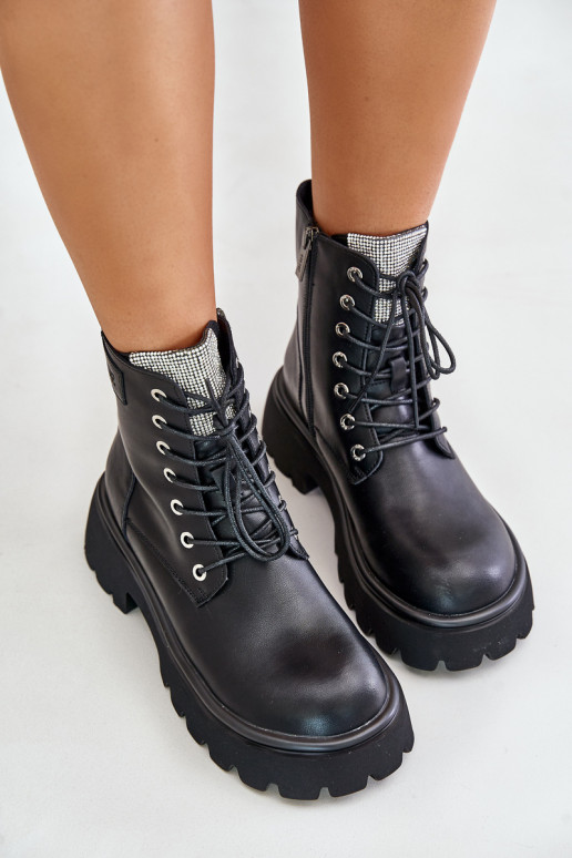 Ocieplane Skórzane Botki Workery DamskiewithCyrkoniami GOE OO2N4125 Czarne