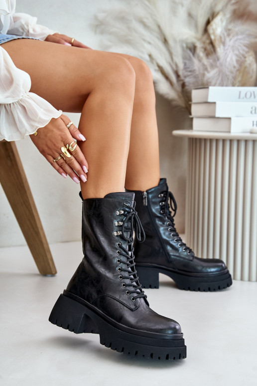 Leather Women's Warm Lined Work Boots GOE OO2N4121 Black