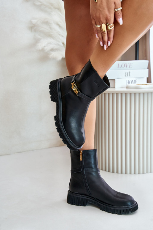 Skórzane Botki DamskiewithPaskiem Ocieplane GOE OO2N4150 Czarne