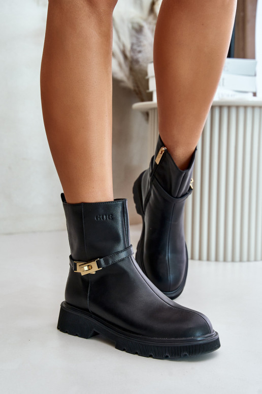 Skórzane Botki DamskiewithPaskiem Ocieplane GOE OO2N4150 Czarne