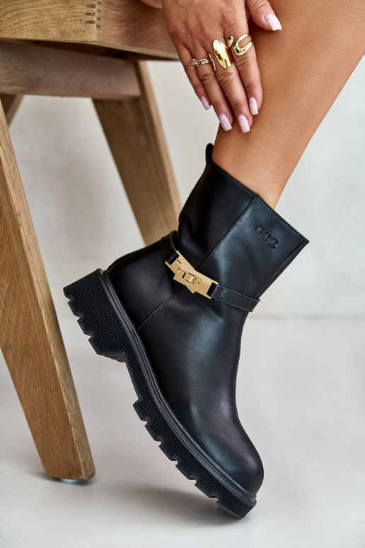 Skórzane Botki DamskiewithPaskiem Ocieplane GOE OO2N4150 Czarne
