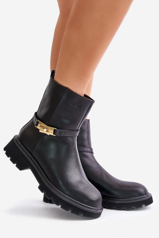 Skórzane Botki DamskiewithPaskiem Ocieplane GOE OO2N4150 Czarne