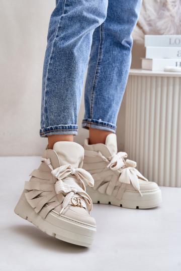 Leather Women's Sneakers On Massive Platform Beige CheBello 4561 2