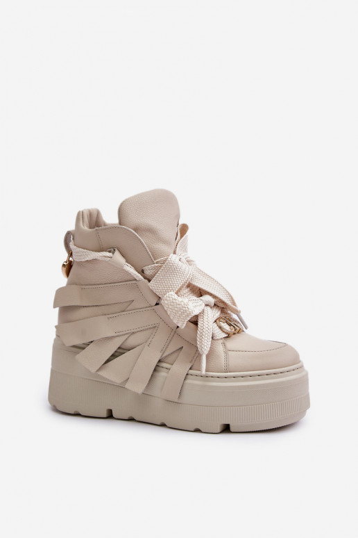 Leather Women's Sneakers On Massive Platform Beige CheBello 4561