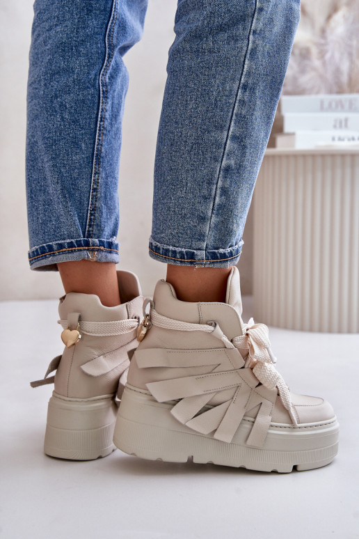 Leather Women's Sneakers On Massive Platform Beige CheBello 4561