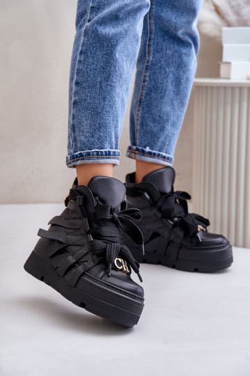 Skórzane Sneakersy Damskie Na Masywnej Platformie CheBello 4561 Czarne 2