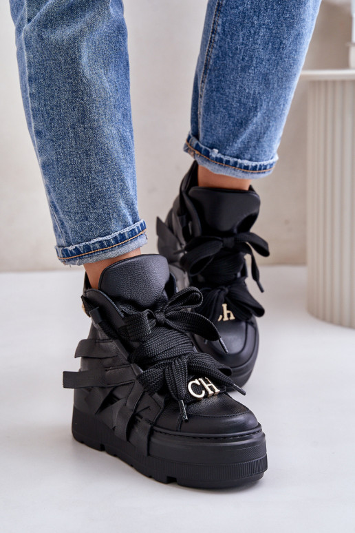 Skórzane Sneakersy Damskie Na Masywnej Platformie CheBello 4561 Czarne