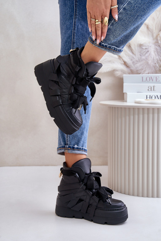 Leather Women's Sneakers On Massive Platform CheBello 4561 Black