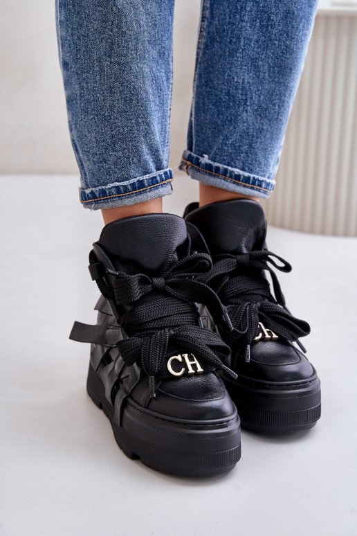 Leather Women's Sneakers On Massive Platform CheBello 4561 Black
