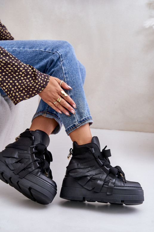 Skórzane Sneakersy Damskie Na Masywnej Platformie CheBello 4561 Czarne