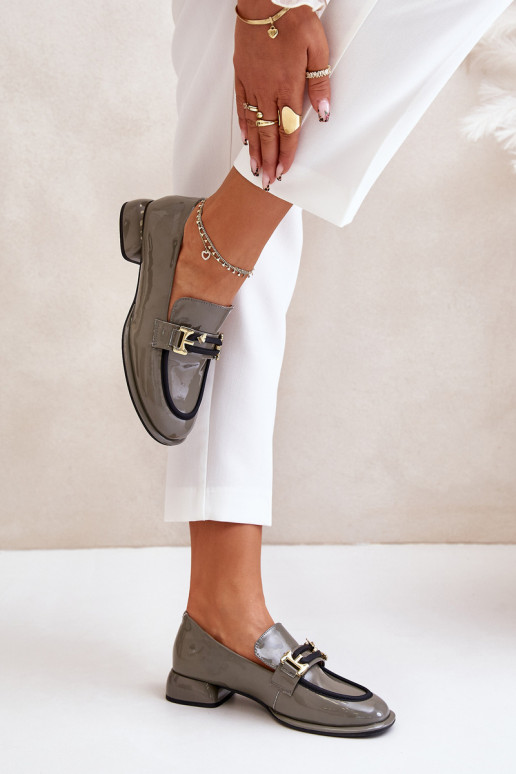 Lakierowane Półbuty Damskie Na KlockuwithOzdobą Artiker 55C0412 Szare