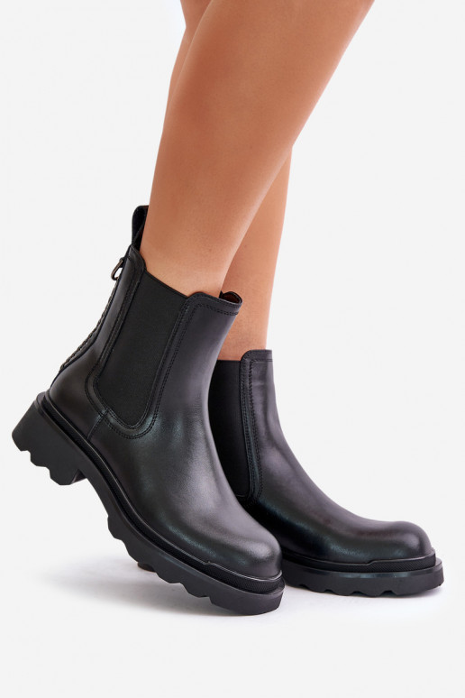 Skórzane Botki SztybletywithOzdobnym Łańcuchem Ocieplane D&A JC42-86 Czarne