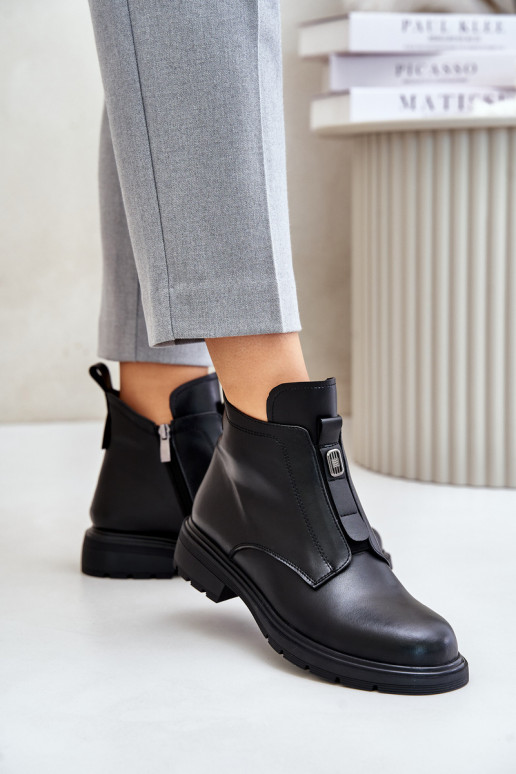 Leather Ankle Boots With Flat Heel Warm Black Komisa