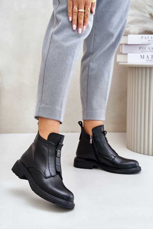 Leather Ankle Boots With Flat Heel Warm Black Komisa