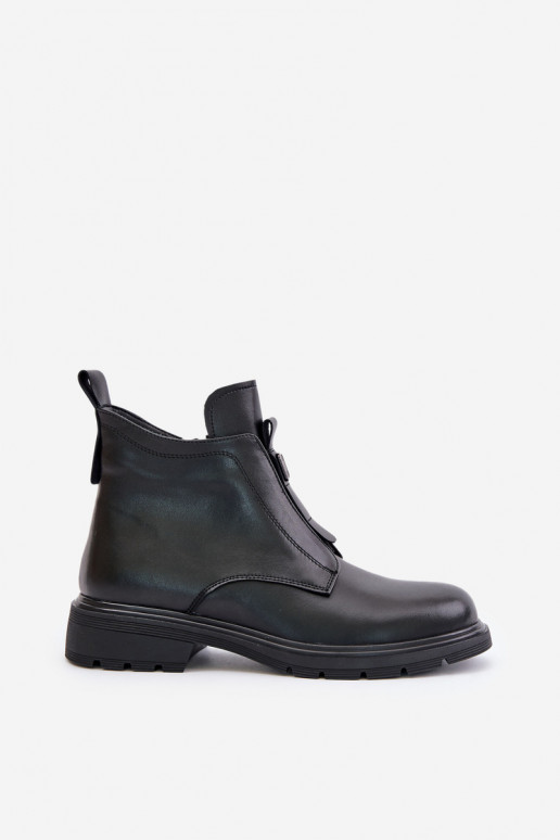 Leather Ankle Boots With Flat Heel Warm Black Komisa