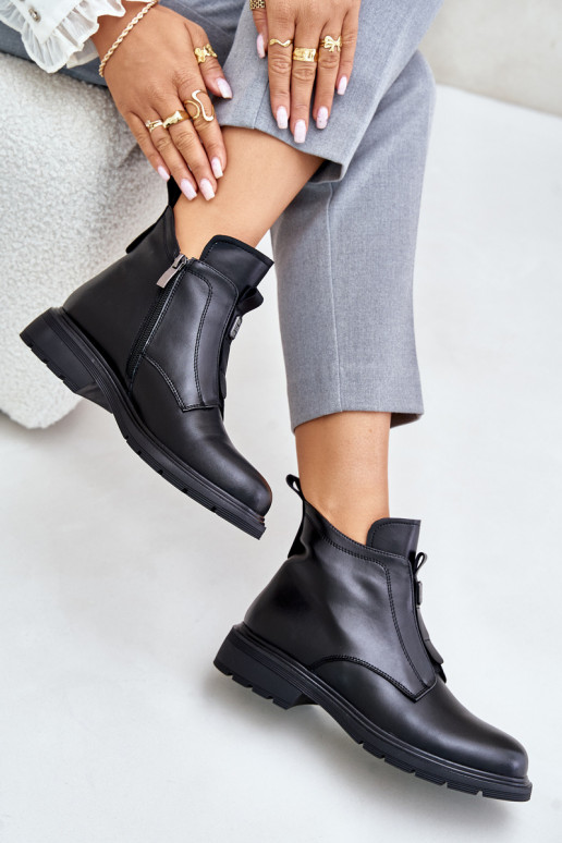 Leather Ankle Boots With Flat Heel Warm Black Komisa
