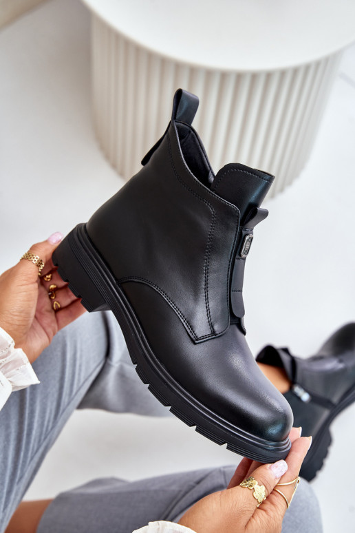Leather Ankle Boots With Flat Heel Warm Black Komisa