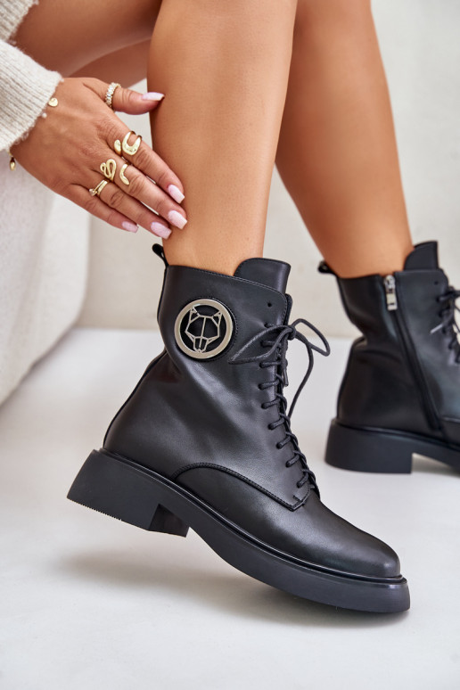 Leather Ankle Boots Workers Insulated With Zipper Black Elosie