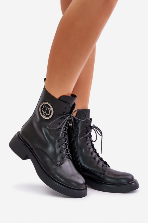 Leather Ankle Boots Workers Insulated With Zipper Black Elosie