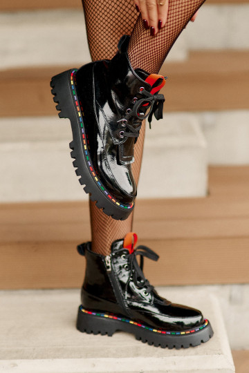 Leather Patent Ankle Boots Worker With Zipper Black Anafra 2