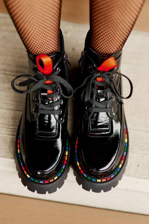 Leather Patent Ankle Boots Worker With Zipper Black Anafra Leather Patent Ankle Boots Worker With Zipper Black Anafra