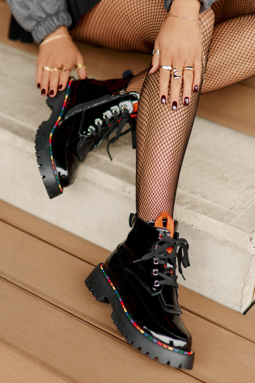 Leather Patent Ankle Boots Worker With Zipper Black Anafra Leather Patent Ankle Boots Worker With Zipper Black Anafra