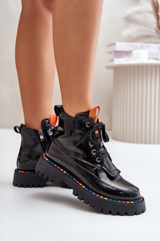 Leather Patent Ankle Boots Worker With Zipper Black Anafra Leather Patent Ankle Boots Worker With Zipper Black Anafra