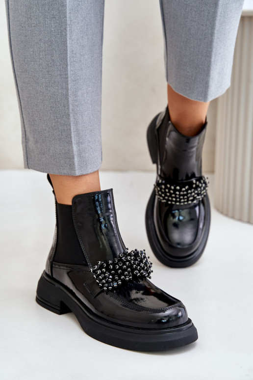 Leather Patent Ankle Boots With Decoration Slip On Warm Black Solimav Leather Patent Ankle Boots With Decoration Slip On Warm Black Solimav