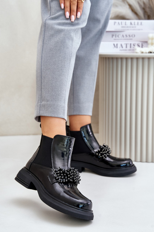 Leather Patent Ankle Boots With Decoration Slip On Warm Black Solimav Leather Patent Ankle Boots With Decoration Slip On Warm Black Solimav