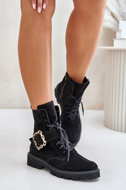 Zazoo 2951 Suede Ankle Boots With Decorative Buckle Black Zazoo 2951 Suede Ankle Boots With Decorative Buckle Black