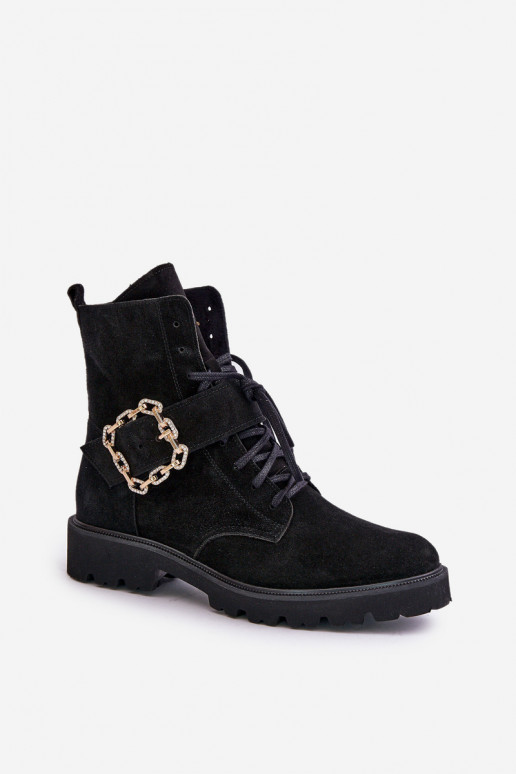 Zazoo 2951 Suede Ankle Boots With Decorative Buckle Black Zazoo 2951 Suede Ankle Boots With Decorative Buckle Black