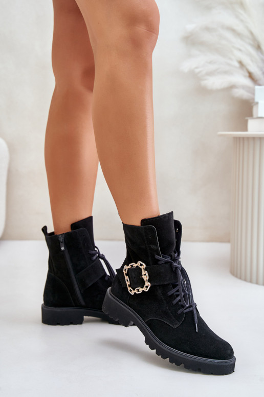 Zazoo 2951 Suede Ankle Boots With Decorative Buckle Black Zazoo 2951 Suede Ankle Boots With Decorative Buckle Black