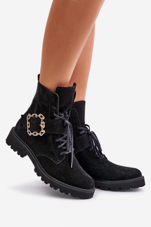 Zazoo 2951 Suede Ankle Boots With Decorative Buckle Black Zazoo 2951 Suede Ankle Boots With Decorative Buckle Black