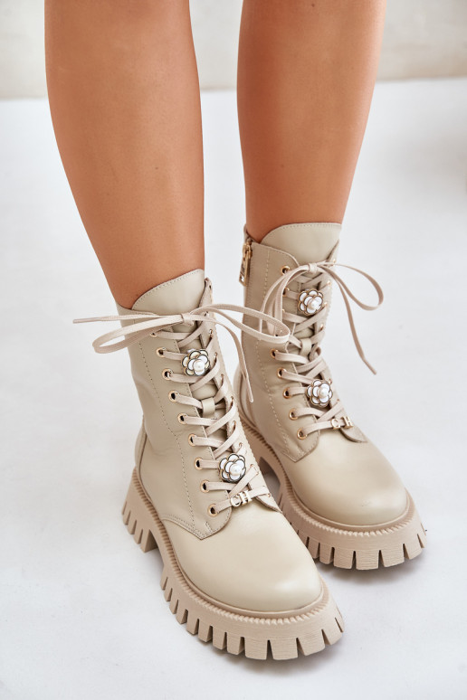 Leather Worker Ankle Boots With Charms Zipper CheBello 4553 Beige