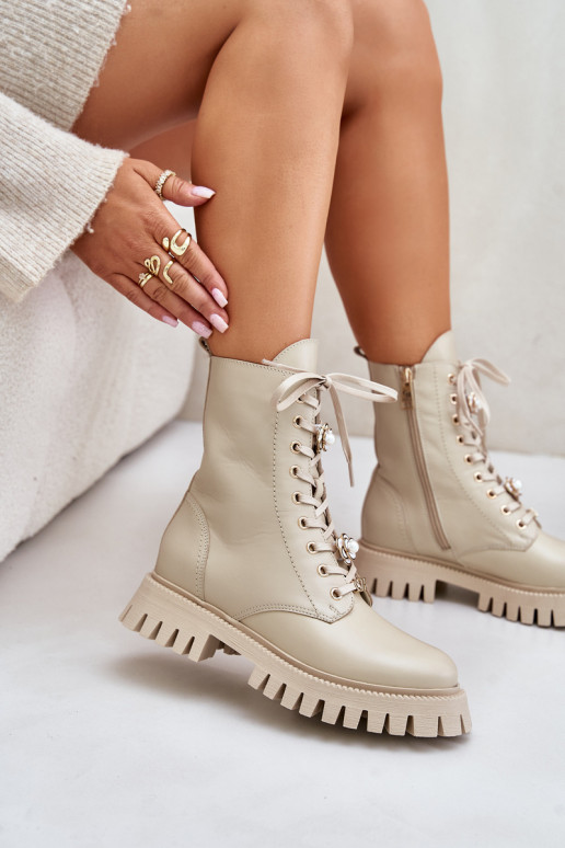 Leather Worker Ankle Boots With Charms Zipper CheBello 4553 Beige