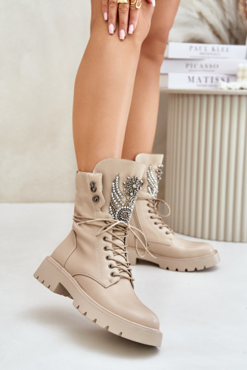 Eco Leather Ankle Boots Workers With Decoration Warm D&A Beige MR880-080 2