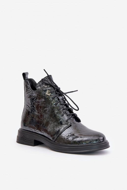 Leather Patent Women's Ankle Boots Insulated With Zipper D&A LZ42-042 Black-Gray Leather Patent Women's Ankle Boots Insulated With Zipper D&A LZ42-042 Black-Gray