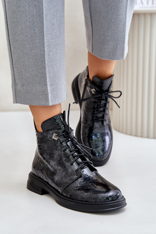 Leather Patent Women's Ankle Boots Insulated With Zipper D&A LZ42-042 Black-Gray Leather Patent Women's Ankle Boots Insulated With Zipper D&A LZ42-042 Black-Gray