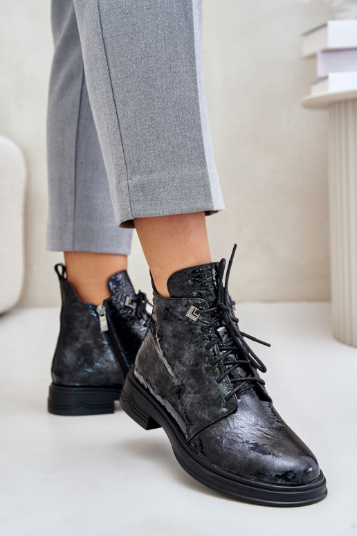 Leather Patent Women's Ankle Boots Insulated With Zipper D&A LZ42-042 Black-Gray Leather Patent Women's Ankle Boots Insulated With Zipper D&A LZ42-042 Black-Gray