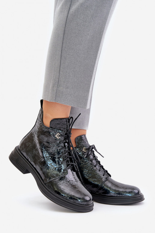 Leather Patent Women's Ankle Boots Insulated With Zipper D&A LZ42-042 Black-Gray Leather Patent Women's Ankle Boots Insulated With Zipper D&A LZ42-042 Black-Gray