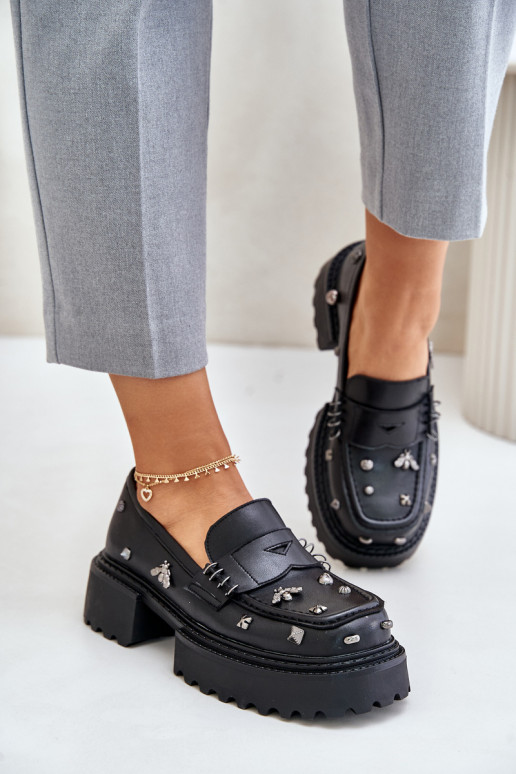 Leather Women's Shoes With Decorations D&A MR880-102 Black Leather Women's Shoes With Decorations D&A MR880-102 Black