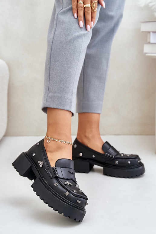 Leather Women's Shoes With Decorations D&A MR880-102 Black Leather Women's Shoes With Decorations D&A MR880-102 Black
